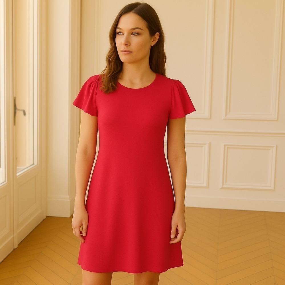 ✅ Anthropologie Velvet Graham & Spencer Flutter Ruffle Sleeve Red Rose Dress XS